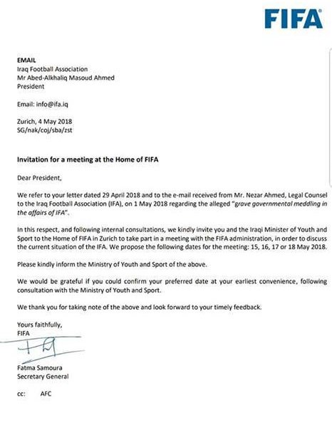 FIFA's letter addressed to the President of the Iraqi Football Association Abed-Alkhaliq Masoud Ahmed. 